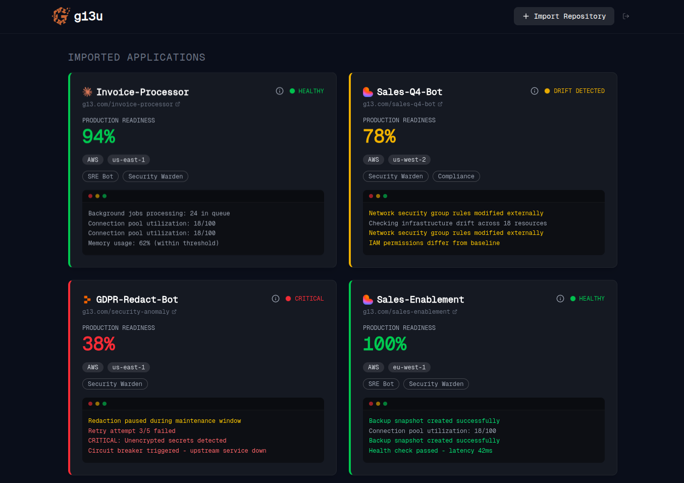 g13u dashboard showing imported applications with production readiness scores